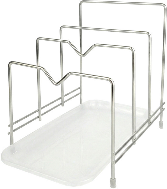스텐 주방 정리 도마 거치대 냄비 뚜껑 꽂이 + 물받이 트레이 세트, 1개, 실버