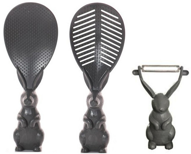 레몬글라스 세워놓고 쓰는 밥알이 덜 붙는 쁘띠래빗 스탠딩 토끼 주걱 + 채반주걱 + 감자칼 3종 세트 BPA FREE 국내생산, 1개, 그레이, 주걱+채반주걱+감자칼