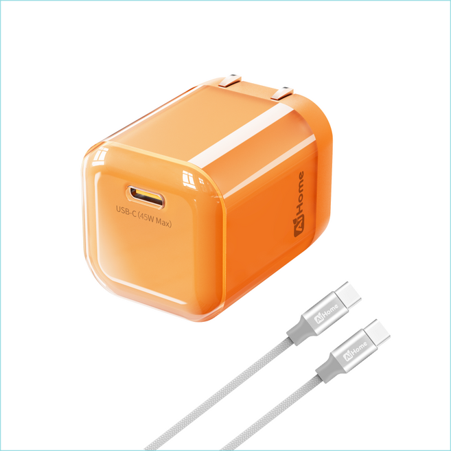 AiHome 45W氮化鎵快充組 支援PD充電器, 1套, 快充頭+1米快充線C轉C, 橙色