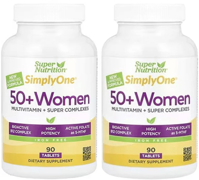 슈퍼 뉴트리션 SimplyOne 50세 이상 여성용 종합비타민 + 슈퍼 복합체 비타민A 비타민C 미네랄 식물 성분 함유 철분 무함유, 2개, 90정 - 쿠팡