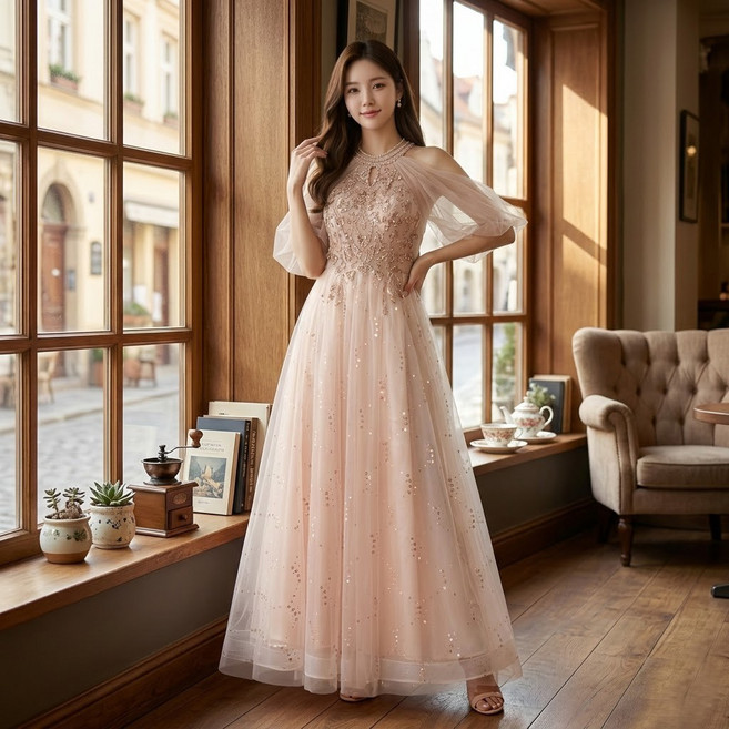 노블드레스 러블리 망사소매 드레스 반짝이 연주복 이브닝 파티 여신드레스 LD-406