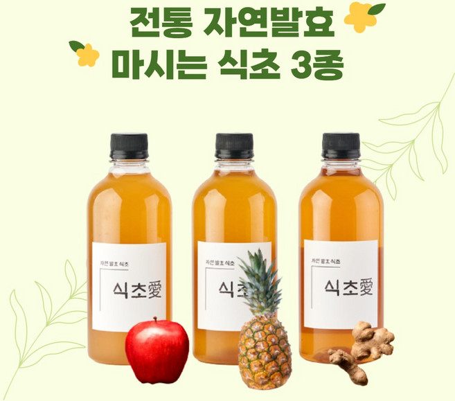 식초애 전통 자연발효 마시는 비니거 건강 미용음료 사과맛 파인애플맛 생강맛 3종, 1개, 500ml