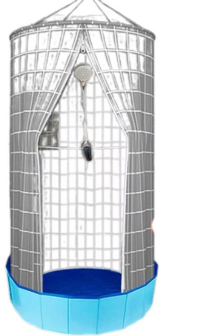 욕실샤워커튼 간이 샤워부스 방수 원단 커튼 휴대용 목욕 보온, 작은 회색 체크 욕조커버 세트, 1개