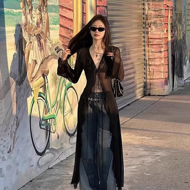 나인클로젯 블랙 러플 시스루 여성 끈 롱 가디건 여름 자외선 차단 비치 망사 레이스 바캉스룩