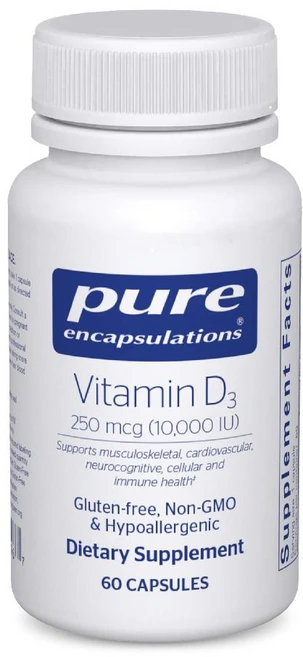Pure Encapsulations 비타민 D3 250mcg(10 000IU) 보충제 프리미엄 비타민D 함유 캡슐 120정, 1개 - 쿠팡