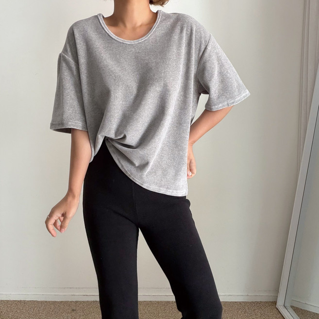 에이치스 포근 보들보들 벨벳 벨로아 세미박시핏 유넥 겨울 무지 반팔티