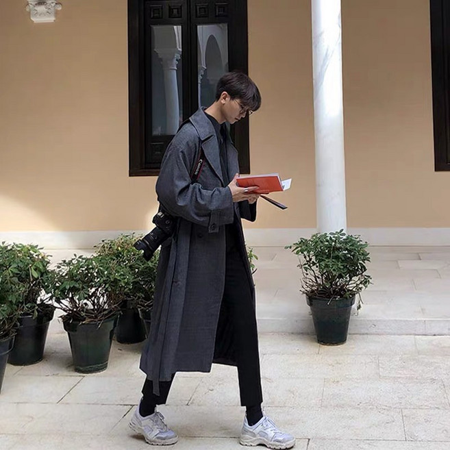 【Gshop.】新款休閒男士風衣，過膝復古格子大衣，中長款外套
