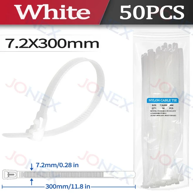 50개 재사용 가능 플라스틱 타이 케이블 지퍼 검정 흰색 자체 잠금 책상 정리용 전선 관리 정원 스트랩 번, 09 7.2x300 White-50PCS