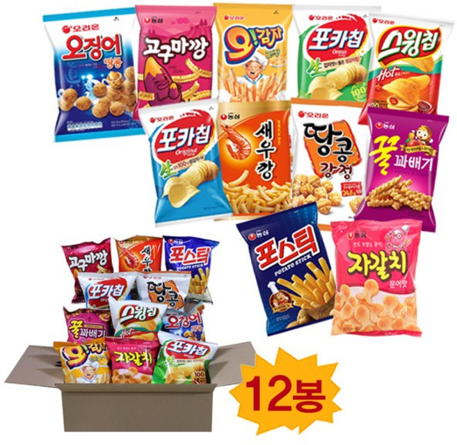 과자세트 오리온 농심 스낵모음 460g(12봉) 맛있는과자 회사간식 간식박스, 1개, 460g