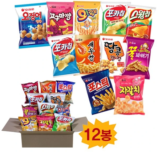 과자세트 오리온 농심 스낵모음 460g(12봉) 맛있는과자 회사간식 간식박스, 1개, 460g - 쿠팡