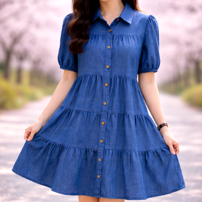 셀러크루 데님라이크 캉캉 미니 원피스