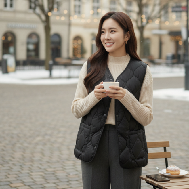 누보마켓 여성 루즈핏 곡선 브이넥 다이아몬드 퀼팅 누빔 패딩조끼 경량패딩점퍼 경량패딩조끼 레이어드 봄 가을 겨울