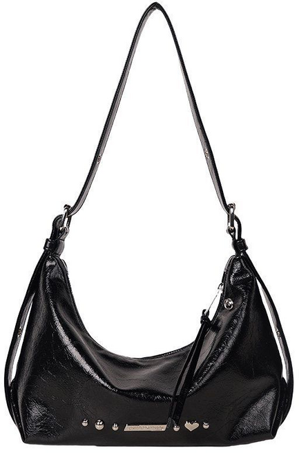 黑色斜挎包 鉚釘裝飾, 黑色軟皮單肩包斜挎包