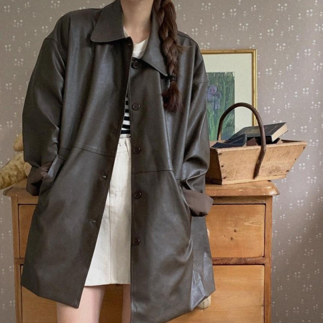 [#자체제작]여성 데일리 심플 미디 레더 자켓