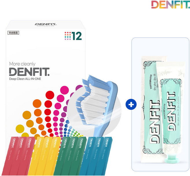 덴핏 딥클린 올인원 센서티브 칫솔 1박스(12개입) + 리프레쉬 쿨브리즈 고불소 대용량 치과 치약 1개(120g), 1세트