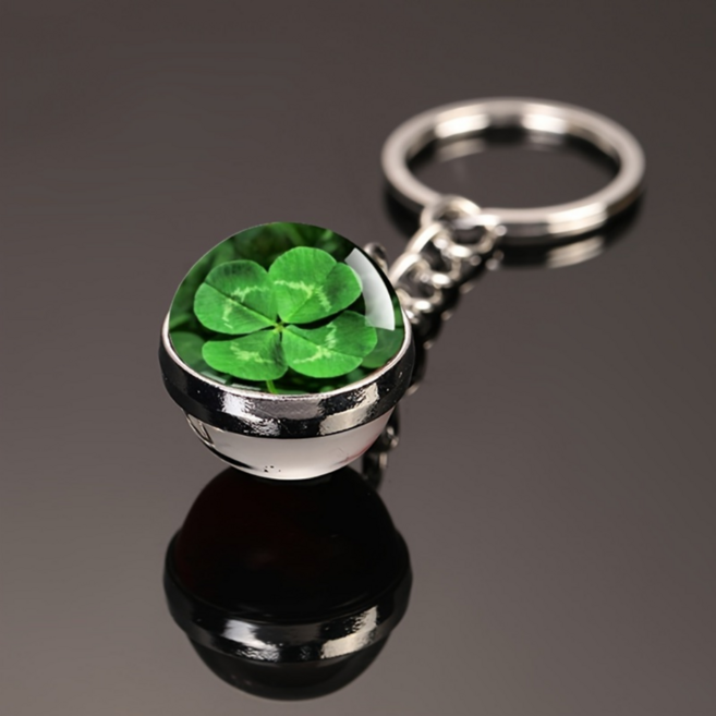 행운의 네잎클로버 유리 크리스탈 체인 키링 금속 열쇠고리, 그린, 1개