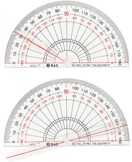 4학년 수학준비물 각도 도형측정 반원형 각도기 2p/ 형태그리기 놀이수학 제도 삼각자, 1세트, 투명