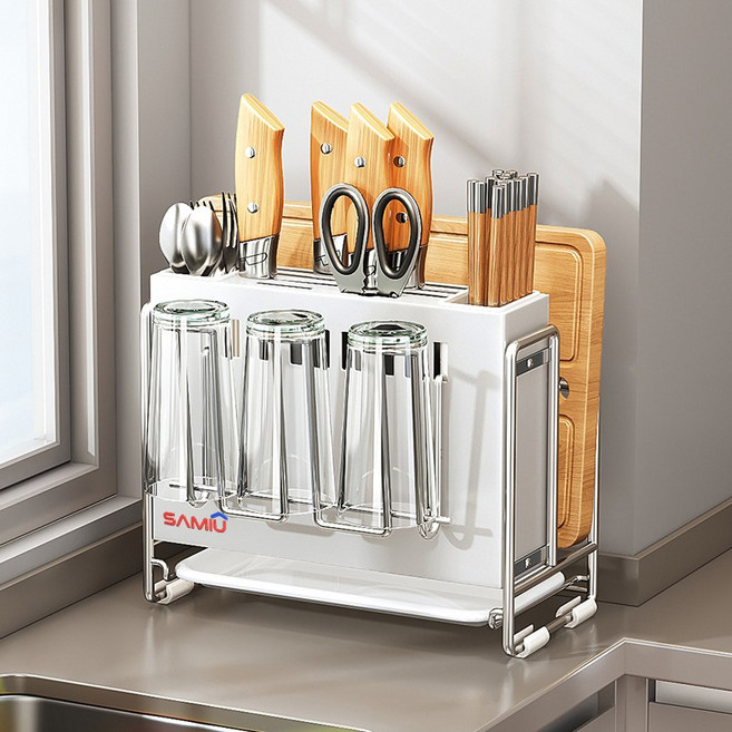 SAMIU 주방 다용도 스텐 칼꽂이 수저통 칼 도마 거치대, 1개, 화이트+컵홀더