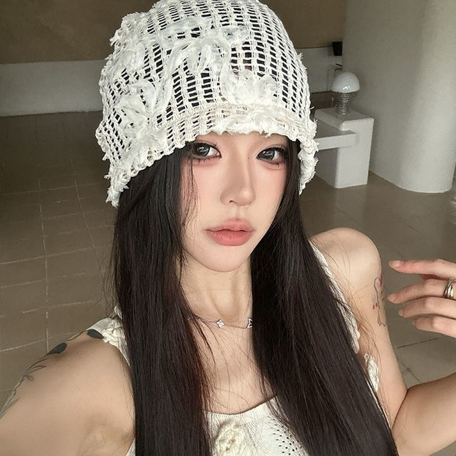 여성 봄 여름 플라워 펀칭 뜨개 니트 비니 패션 얇은 그물 니트 비치 모자