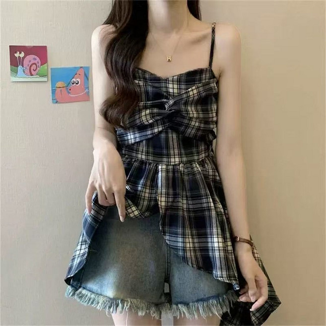 여성나시 티셔츠 한국풍 체크 캐미솔 트위스트 디자인 조끼 불규칙 플레어 헴 슬림 웨이스트 소수 디자인 감성 달콤하고 젊어 보이는 스타일 ZBW26032407 28