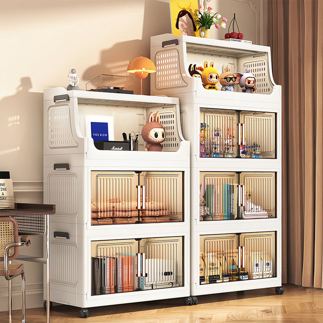 접이식 수납장 이동식 오픈형 다층 폴딩 수납함 플라스틱 투명문 정리함 조립필요없는 수납장, 흰색