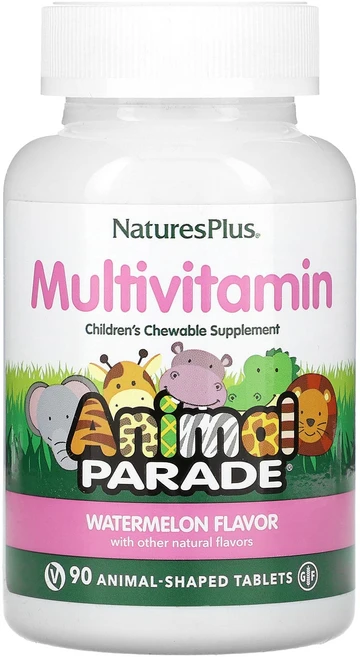 NaturesPlus Animal Parade 어린이용 츄어블 종합비타민 보충제 수박 동물 모양 정제 90정, NaturesPlus Animal Parade ..., 1개 - 쿠팡