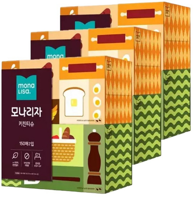 모나리자 뽑아쓰는 키친타올 150매 2입 3팩/위생/흡수/프라이팬/기름/요리/튀김/전/호떡/물기제거/물기, 6박스