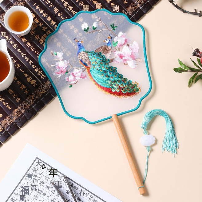 DIU 夏季新古風扇子蘇州雙面刺繡團扇舞蹈用國風漢服旗袍圓扇中國風, 1個, 刺繡扇-鳳冠孔雀:如圖