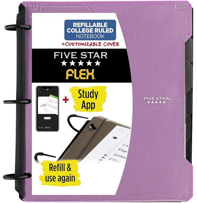 Five Star Flex 리필 가능한 노트 + 스터디 앱 맞춤형 커버가 있는 2.5cm(1인치) 바인더 대학 유선 노트 및 링 바인더 3개 하이브리드 노트 바인더 20, 자수정 퍼플