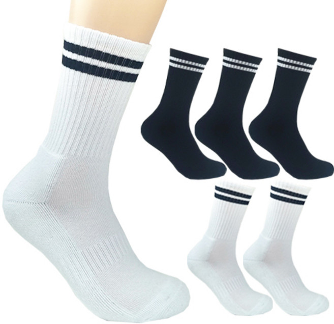 더베이직 남성용 두꺼운 이중쿠션 두줄 스포츠 장목 양말 6켤레, 화이트+블랙, 6개