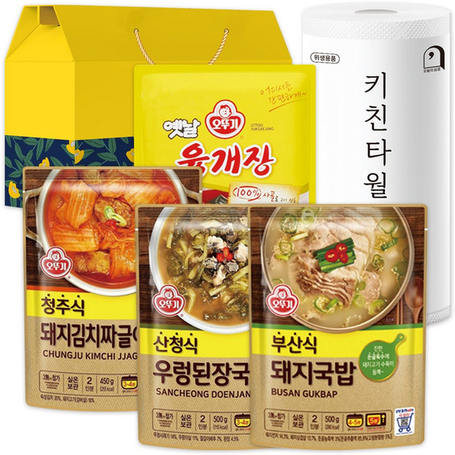 오뚜기 즉석식품 선물세트 18호 노랑상자 (우렁된장국+돼지김치짜글이+돼지국밥+육개장+키친타월), 1개
