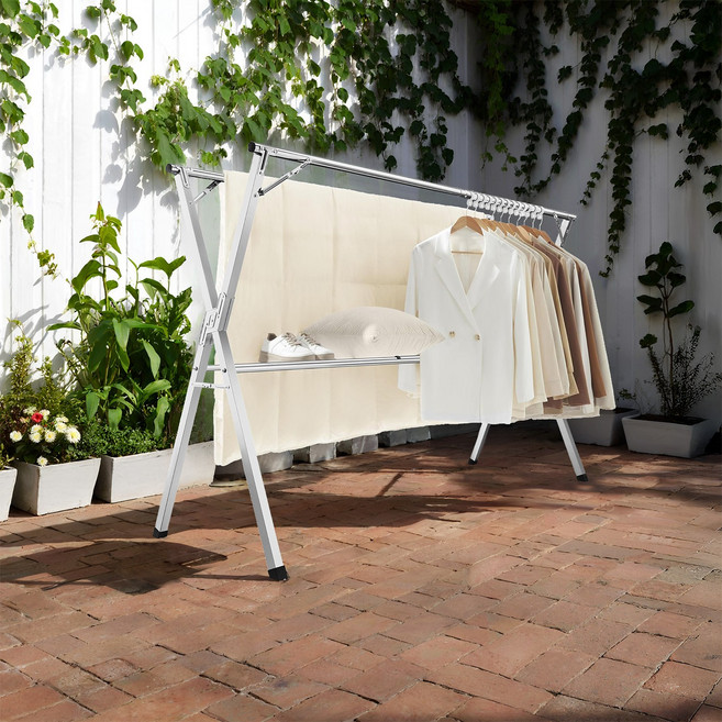 SONGMICS 튼튼한 접이식 X형 길이 조절형 다기능 이불건조대 빨래건조대, 실버