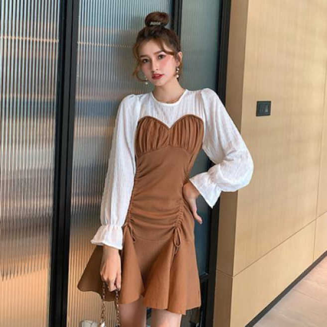 [뉴욕멋쟁이] 국내배송 카미엘 베이직 셔링 원피스 캐주얼 라운드넥 단색 프릴 니트 미니원피스