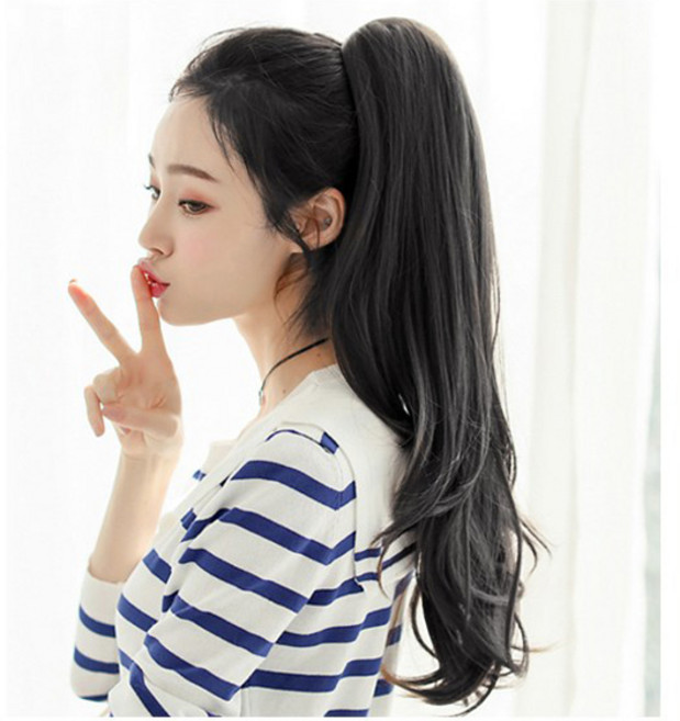 가발위드 긴머리 웨이브 붙임머리 여성 부분가발 집게 포니테일 디그린 58cm, 1개, 네츄럴블랙