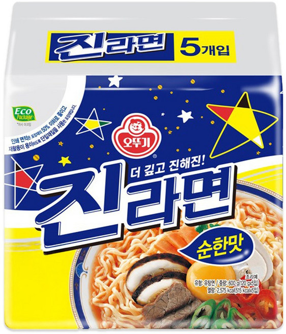 오뚜기 진라면 순한맛 봉지라면 120g, 5개