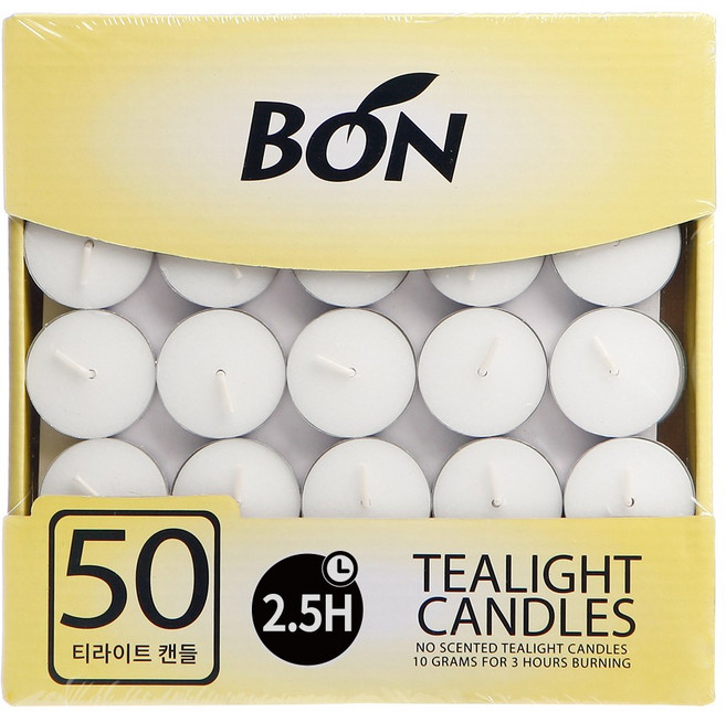 티라이트 50개 2.5시간연소 BON Candle 무향 하양(흰색) 양초, 500g, 1개