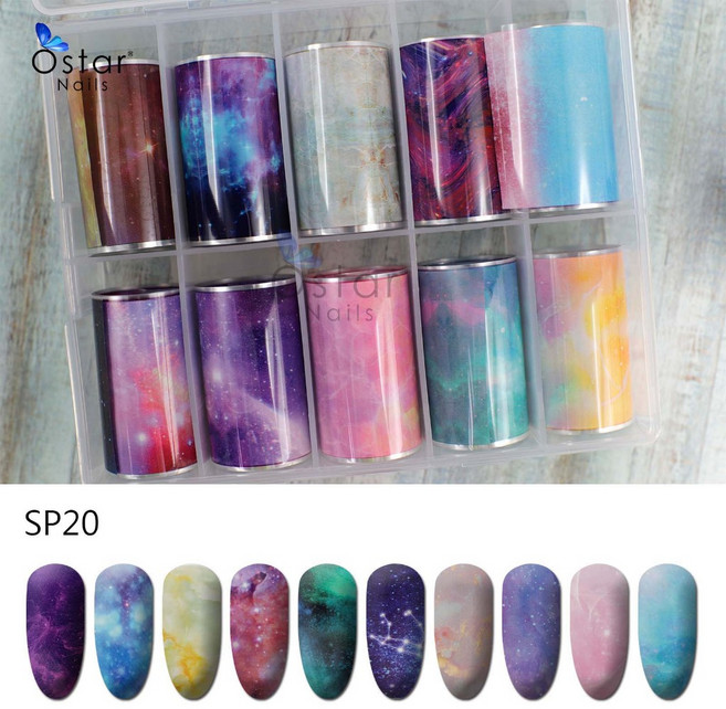 Ostar Nails 心緹 新款星空貼紙10入套組 美甲 星空紙轉印紙 網紅美甲星空貼紙 純色金屬 大理石 玻璃紙, 1個, SP20