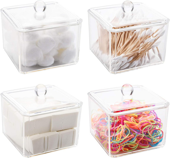 Hedue 4팩 면봉 디스펜서 홀더 15온스 투명 아크릴 용기 세트 라운드 목욕 소금을 위한 모던 스퀘어 욕실 배니티 조리대 수납 정리함