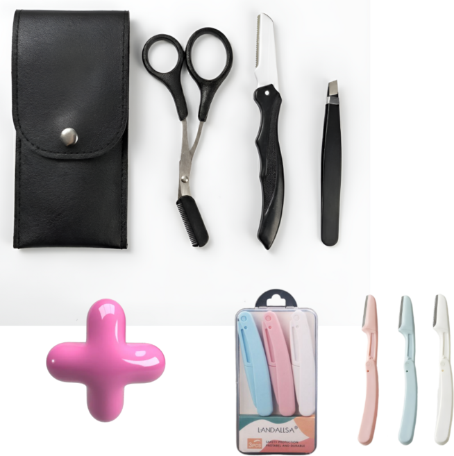 리오렌 눈썹 정리 3종 세트 접이식 눈썹칼 3p 가위 집게, 2개, 블랙 / 올인원 3종세트