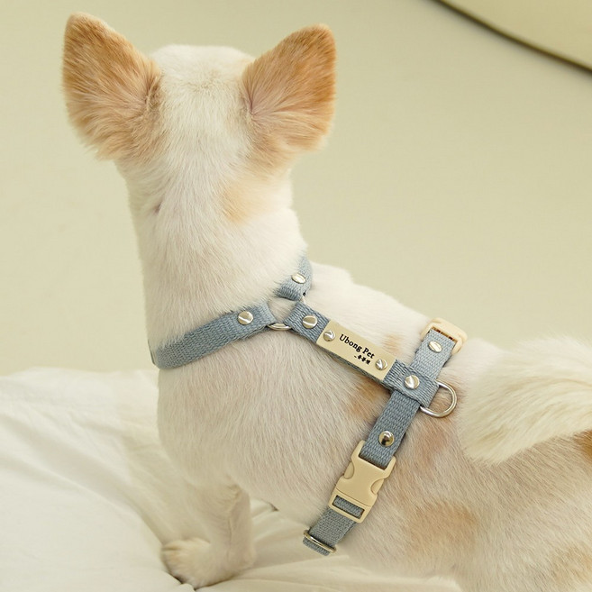 이름 무료 각인 앞섬방지 H형 강아지 하네스 기본형, 인디블루