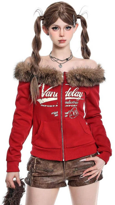 레드 오프숄더 퍼후드집업 퍼 집업 크롭탑 y2k 하이틴코디 블록코어 갸루 핀터깔 방송댄스