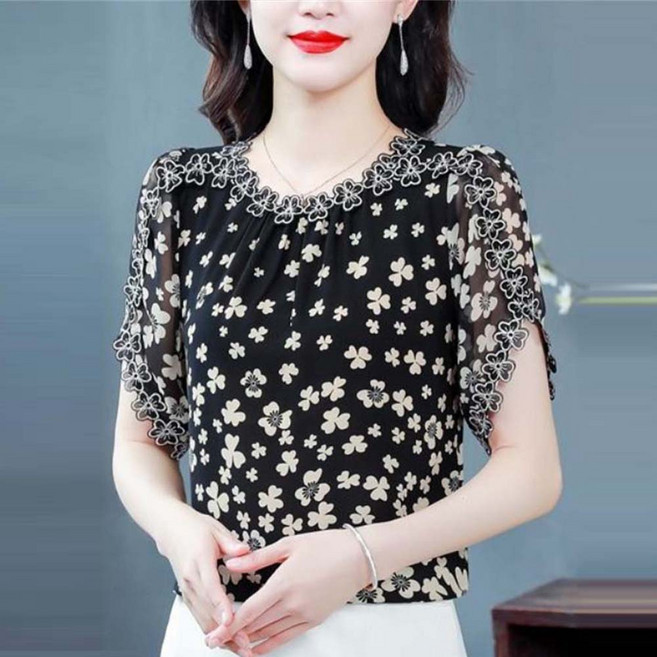 TKX 여성 봄 여름 플라워 프린트 레이스 포인트 반팔 쉬폰 블라우스 우아한 오피스 캐주얼 루즈핏 탑