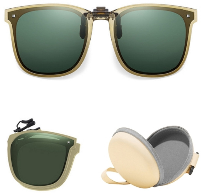 안경위에 쓰는 선글라스 접이식 편광 클립 온 썬글라스 + 전용 파우치, 클립온-그린, 1개