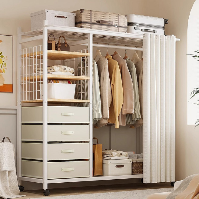 H N Quality Home 철제 이동식 시스템행거 [소형/중형] 조립식+커튼 포함 / 원룸 좁은공간 수납최적화, 흰색