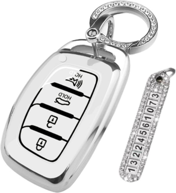 키에티 현대 호환 아반떼AD LF쏘나타 4버튼 실버라인 스마트 차 키케이스 키홀더 + 분실방지 큐빅 전화번호판, 화이트 실버라인