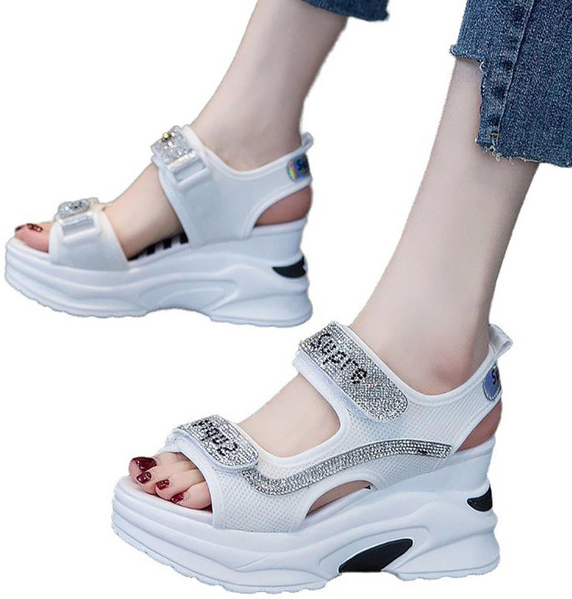 셀럽당 여성용 별링별링 큐빅 통굽 웨지 샌들