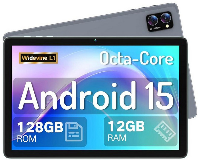 LECTRUS 안드로이드 15 태블릿 10.1인치 Gemini AI 포함 - 옥타 코어 12GB RAM 128GB ROM (2TB 확장) 듀얼 카메라가 있는 빅 HD 터치 스, LECTRUS 태블릿, 안드로이드 15 태블릿 10.1, Gray