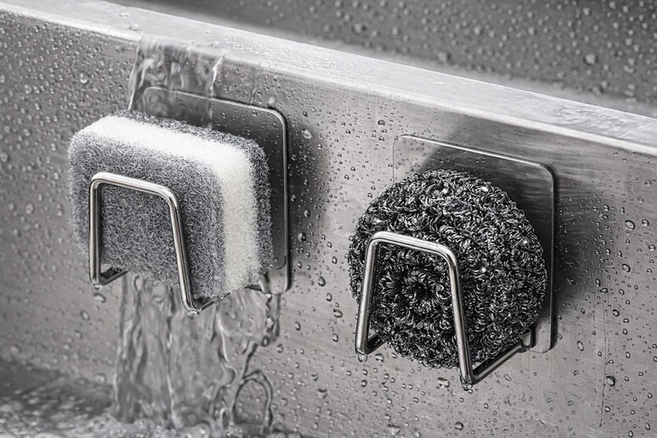 서서몰 물고임 없는 스테인리스 수세미 거치대 무타공 싱크대 위생 정리, 3개, 실버