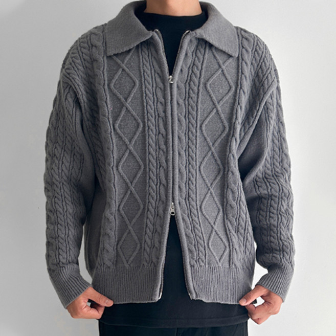 [데이즈] 꽈베기 케이블 투웨이 카라 니트 집업 가디건