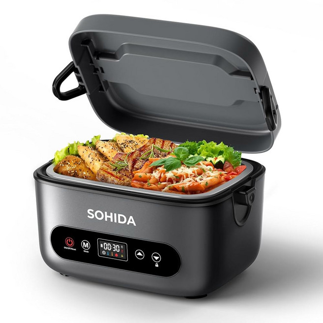 SOHIDA 성인 및 남성용 100W 무선 전기 도시락통 충전식 배터리 전원 온열 도시락 1.2L 휴대용 푸드 워머 런치 박스 5면 난방 장치 작업 자동차 실외 사용 1, Gray